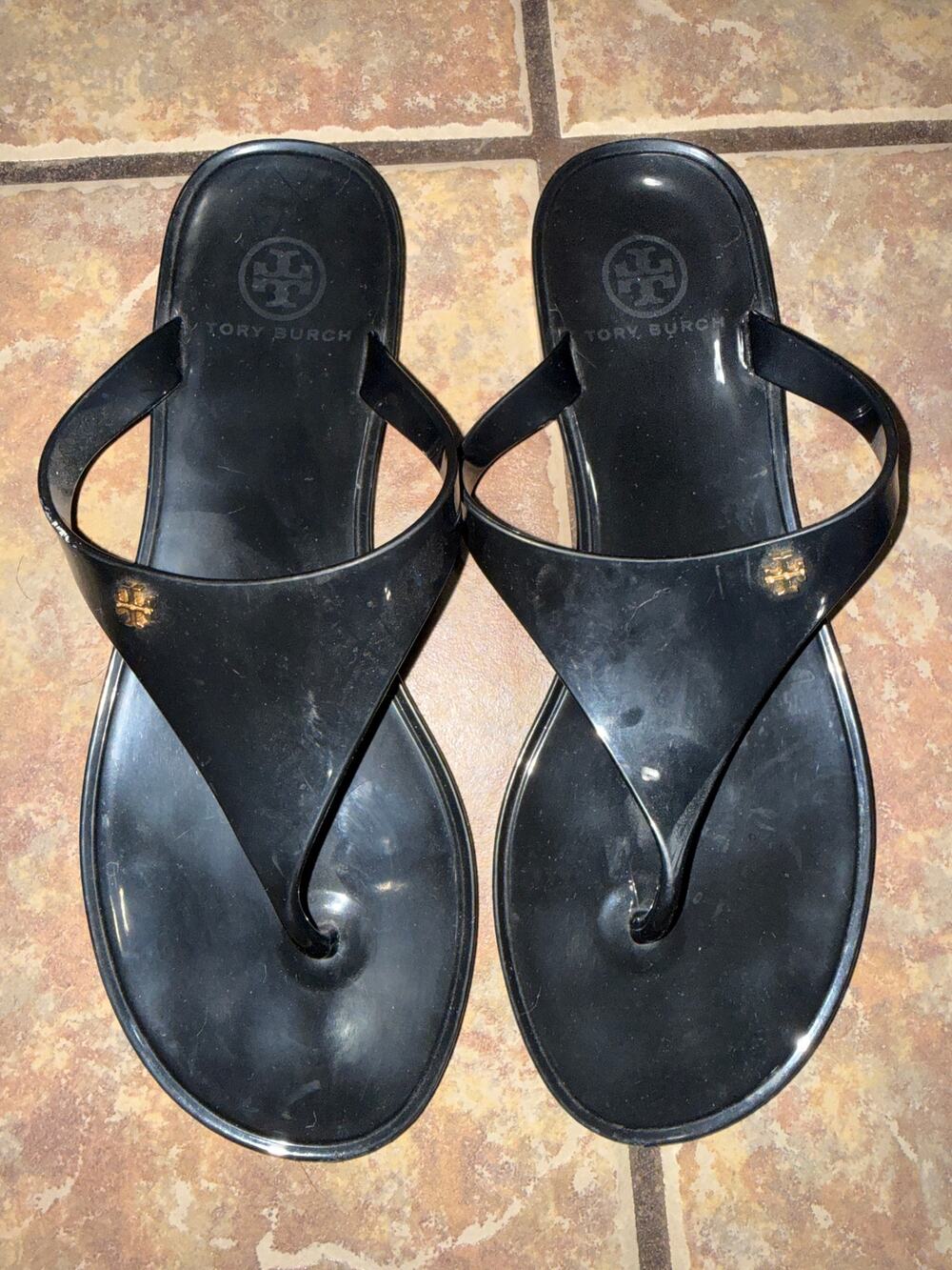 Tory Burch Black Jelly Thong Sandals Gold Logo Women's Size 7 GREAT condition